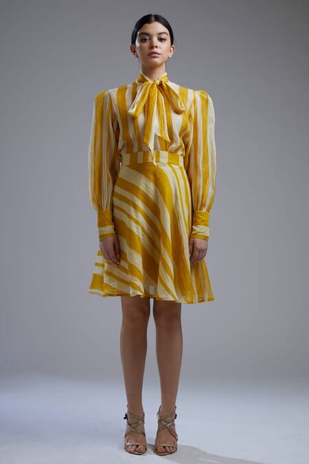 Shop_Koai_Yellow Chanderi Striped Skirt_Online_at_Aza_Fashions