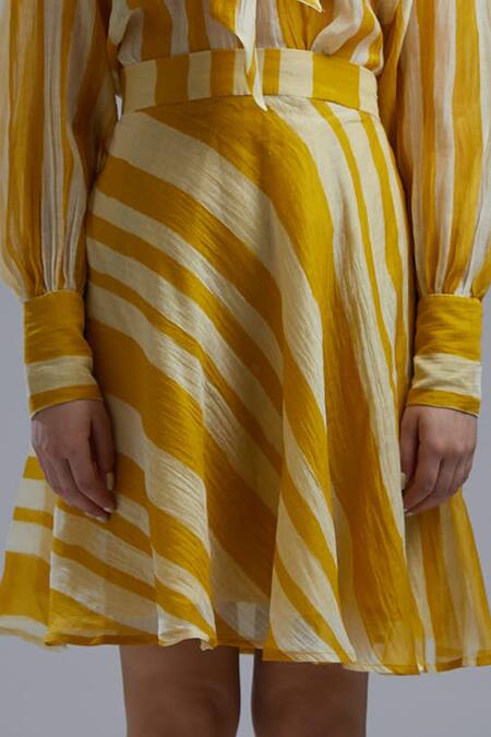 Koai_Yellow Chanderi Striped Skirt_at_Aza_Fashions