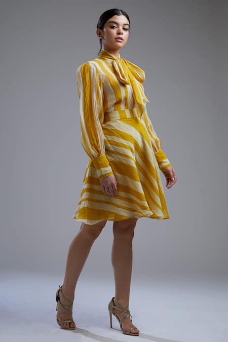 Koai_Yellow Chanderi Round Striped Top _Online_at_Aza_Fashions