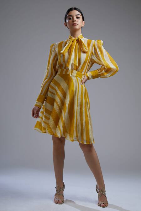 Buy_Koai_Yellow Chanderi Round Striped Top _Online_at_Aza_Fashions