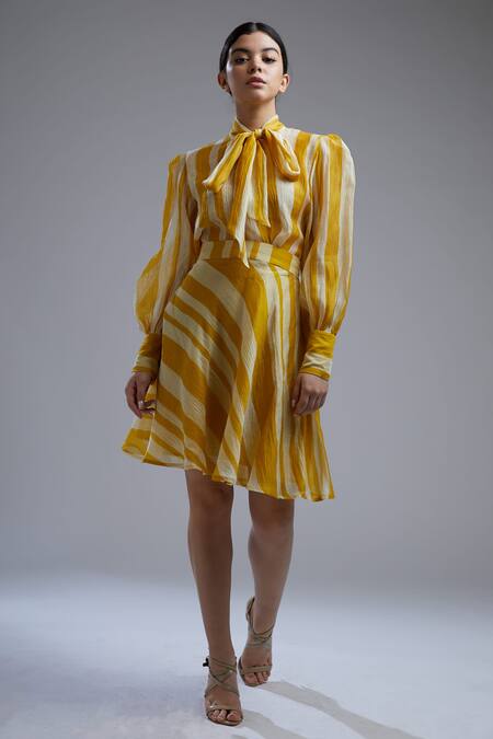 Buy_Koai_Yellow Chanderi Striped Skirt_Online_at_Aza_Fashions