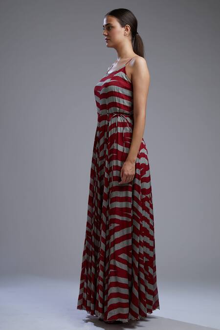 Koai_Red Chiffon Round Striped Maxi Dress _Online_at_Aza_Fashions