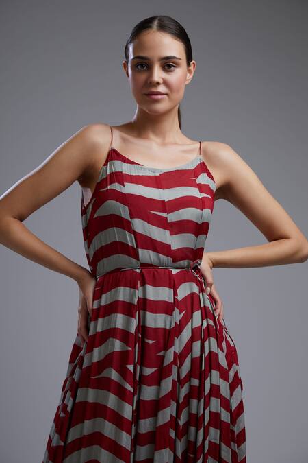 Koai_Red Chiffon Round Striped Maxi Dress _at_Aza_Fashions