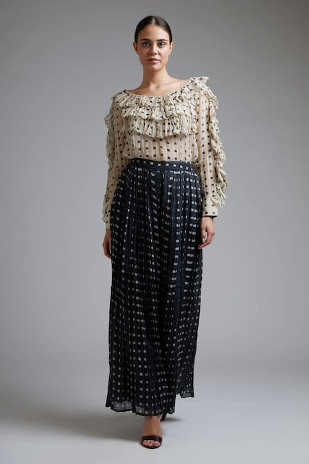 Shop_Koai_Black Chanderi Round Printed Ruffle Top_Online_at_Aza_Fashions