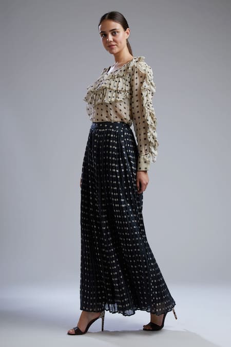 Koai_Black Chanderi Round Printed Ruffle Top_Online_at_Aza_Fashions