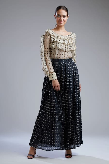 Buy_Koai_Black Chanderi Round Printed Ruffle Top_Online_at_Aza_Fashions