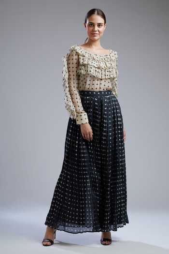 Blue chanderi asymetrical top with white palazo pants