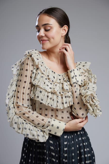 Koai_Black Chanderi Round Printed Ruffle Top_at_Aza_Fashions