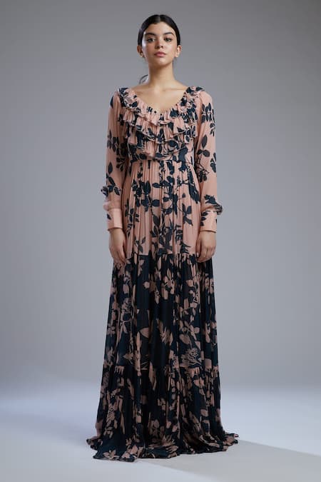 Shop_Koai_Pink Georgette Leaf Neck Floral Print Ruffle Maxi Dress _Online_at_Aza_Fashions