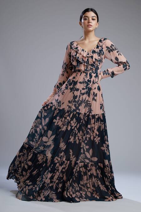 Buy_Koai_Pink Georgette Leaf Neck Floral Print Ruffle Maxi Dress _Online_at_Aza_Fashions