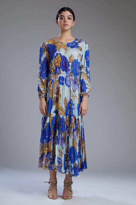 Shop_Koai_Blue Chiffon Round Floral Print Maxi Dress_Online_at_Aza_Fashions