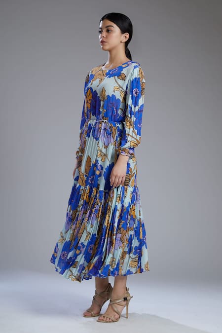 Koai_Blue Chiffon Round Floral Print Maxi Dress_Online_at_Aza_Fashions