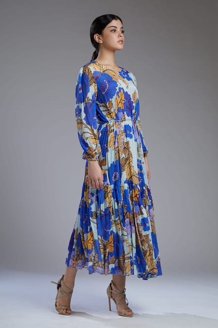 Buy_Koai_Blue Chiffon Round Floral Print Maxi Dress_Online_at_Aza_Fashions