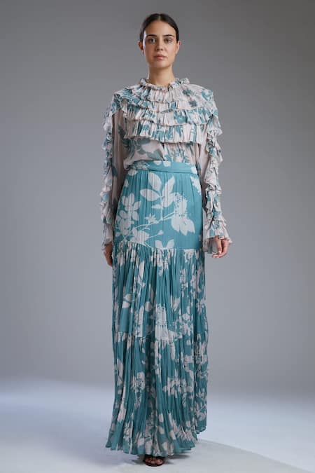 Buy_Koai_Blue Georgette Floral Print Tiered Skirt _Online_at_Aza_Fashions