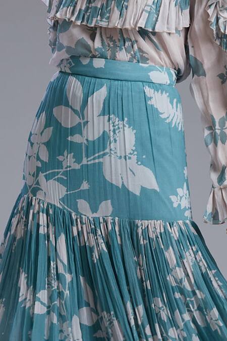 Shop_Koai_Blue Georgette Floral Print Tiered Skirt _Online_at_Aza_Fashions