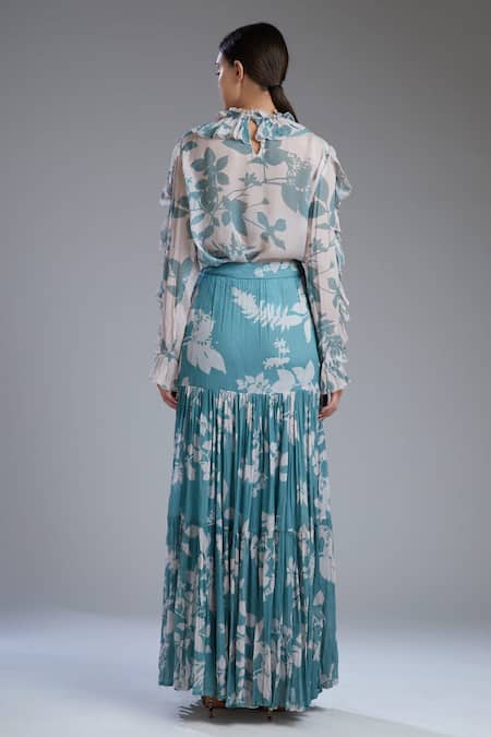Shop_Koai_Blue Georgette Floral Print Tiered Skirt _at_Aza_Fashions