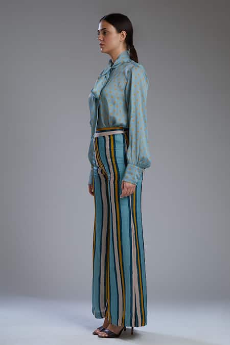 Shop_Koai_Green Silk Striped Palazzo _Online_at_Aza_Fashions