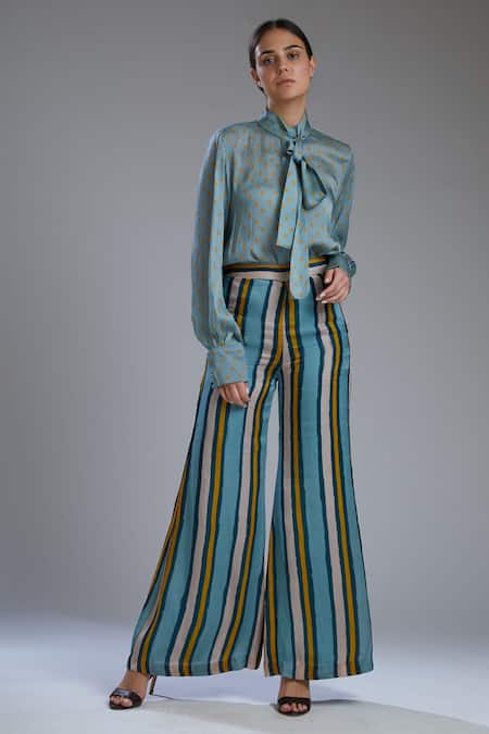 Koai_Green Silk Striped Palazzo _Online_at_Aza_Fashions