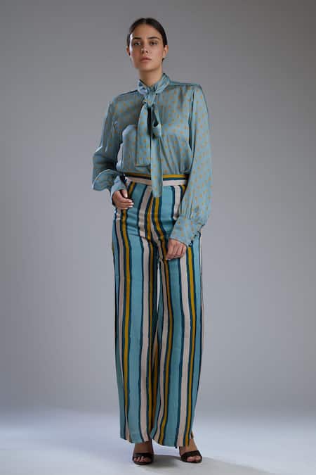 Koai Green Silk Striped Palazzo