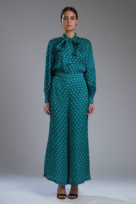 Shop_Koai_Green Silk Printed Palazzo _Online_at_Aza_Fashions