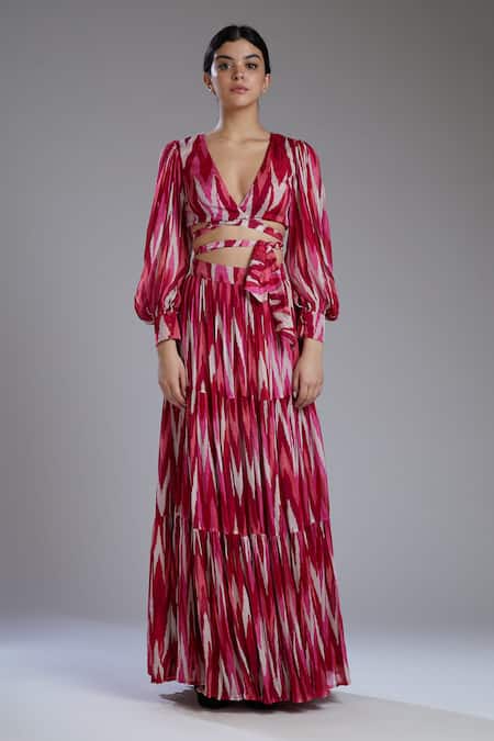 Shop_Koai_Pink Chiffon Printed Tiered Maxi Skirt _Online_at_Aza_Fashions