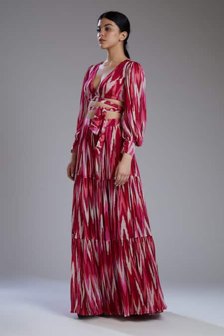 Koai_Pink Chiffon Printed Tiered Maxi Skirt _Online_at_Aza_Fashions