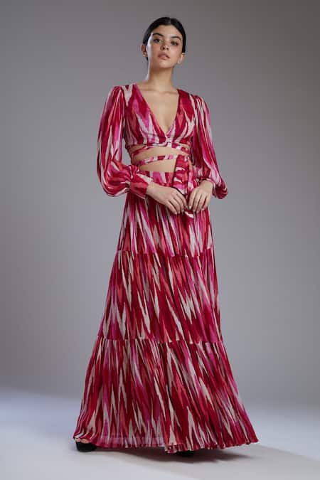 Buy_Koai_Pink Chiffon Printed Tiered Maxi Skirt _Online_at_Aza_Fashions