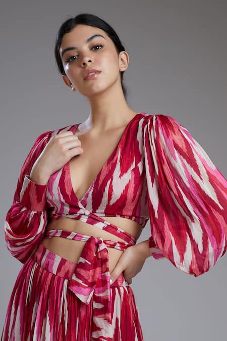 Koai Pink Chiffon V Neck Printed Crop Top at Aza Fashions Koai_Pink Chiffon V Neck Printed Crop Top _at_Aza_Fashions