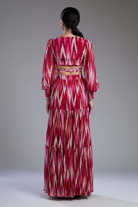 Shop_Koai_Pink Chiffon Printed Tiered Maxi Skirt _at_Aza_Fashions