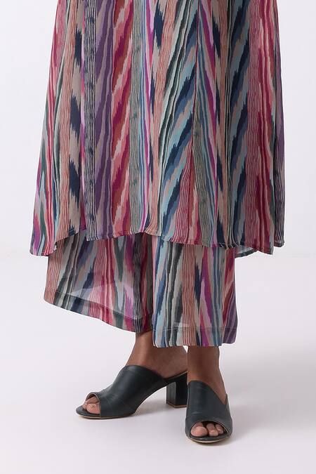 Shop_Label Shreya Sharma_Multi Color Crepe V-neck Ikat Print Kurta And Flared Pant Set _Online_at_Aza_Fashions