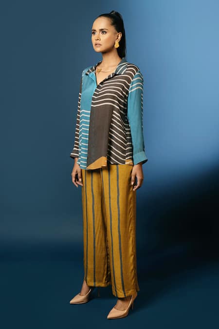 Shop_Nautanky_Blue Natural Crepe Spread Collar Printed Shirt And Pant Set _Online_at_Aza_Fashions