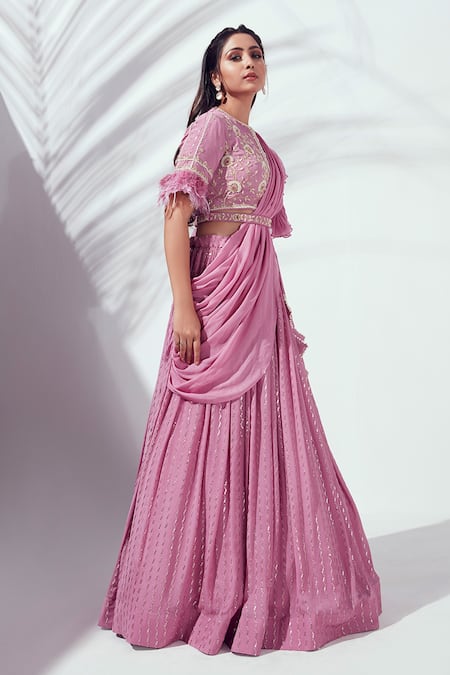Suruchi Parakh Purple Georgette Crepe, Soft Organza Floral Motif Embroidered Draped Lehenga Set Online at Aza Fashions Suruchi Parakh_Purple Georgette Crepe, Soft Organza Floral Motif Embroidered Draped Lehenga Set _Online_at_Aza_Fashions