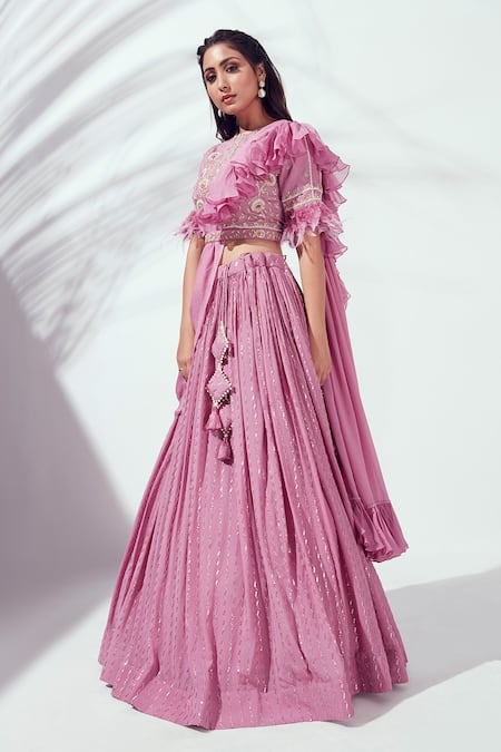 Buy Suruchi Parakh Purple Georgette Crepe, Soft Organza Floral Motif Embroidered Draped Lehenga Set Online at Aza Fashions Buy_Suruchi Parakh_Purple Georgette Crepe, Soft Organza Floral Motif Embroidered Draped Lehenga Set _Online_at_Aza_Fashions