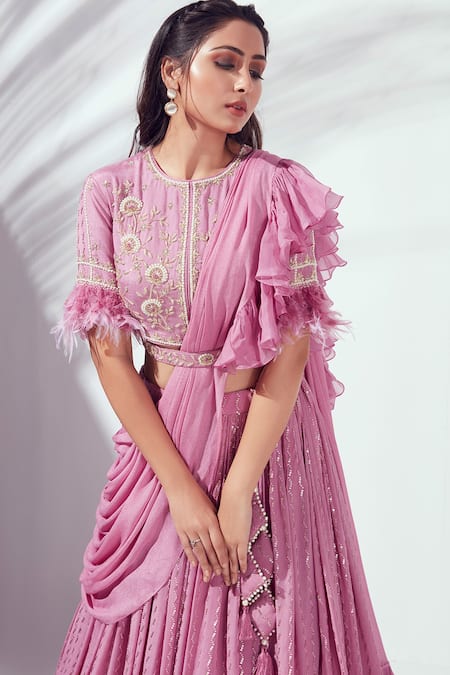 Shop Suruchi Parakh Purple Georgette Crepe, Soft Organza Floral Motif Embroidered Draped Lehenga Set Online at Aza Fashions Shop_Suruchi Parakh_Purple Georgette Crepe, Soft Organza Floral Motif Embroidered Draped Lehenga Set _Online_at_Aza_Fashions