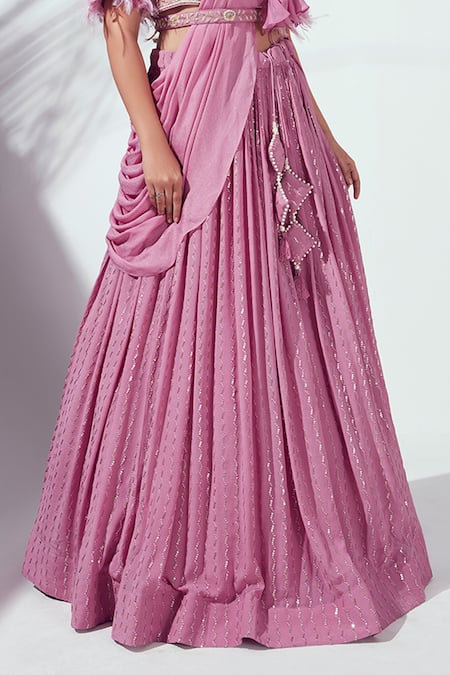 Suruchi Parakh Purple Georgette Crepe, Soft Organza Floral Motif Embroidered Draped Lehenga Set at Aza Fashions Suruchi Parakh_Purple Georgette Crepe, Soft Organza Floral Motif Embroidered Draped Lehenga Set _at_Aza_Fashions