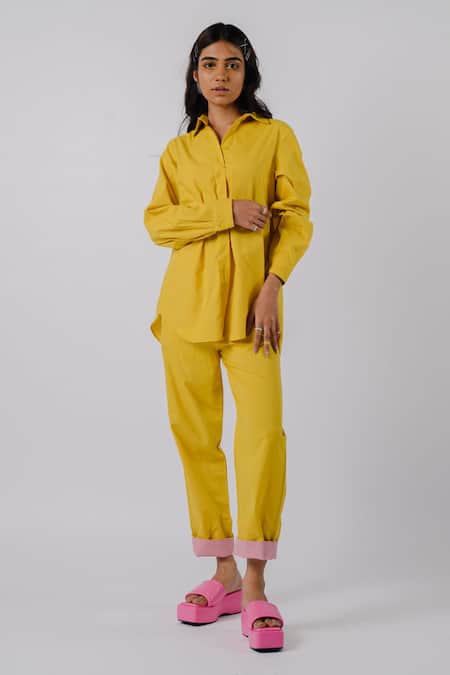 Buy Tussah By Siddhi Shah Yellow Cotton Bows Collared Solid Asymmetric Shirt And Pant Set Online at Aza Fashions Buy_Tussah By Siddhi Shah_Yellow Cotton Bows Collared Solid Asymmetric Shirt And Pant Set _Online_at_Aza_Fashions