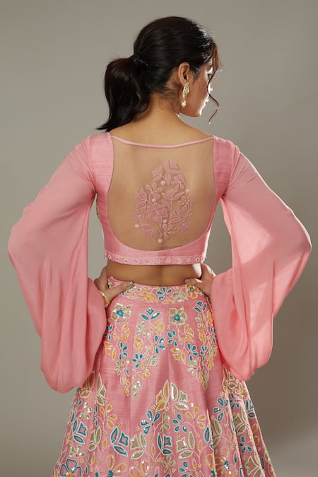 Buy_I Am Design_Pink Raw , Organza Floral Candy Floss Embroidered Bridal Lehenga Set _Online_at_Aza_Fashions
