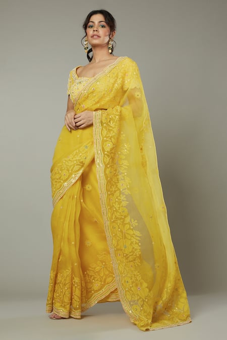 Buy I Am Design Yellow Silk Organza Floral Pattern, Sequins Mango Bite Candy Embroidered Saree Online at Aza Fashions Buy_I Am Design_Yellow Silk Organza Floral Pattern, Sequins Mango Bite Candy Embroidered Saree _Online_at_Aza_Fashions