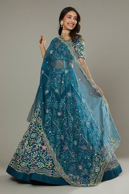 Buy_I Am Design_Blue Raw , Organza Blueberry Candy Embroidered Bridal Lehenga Set _Online_at_Aza_Fashions