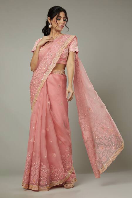 Buy_I Am Design_Pink Silk Organza Floral Pattern, Sequins Cutdana Candy Floss Embroidered Saree _Online_at_Aza_Fashions