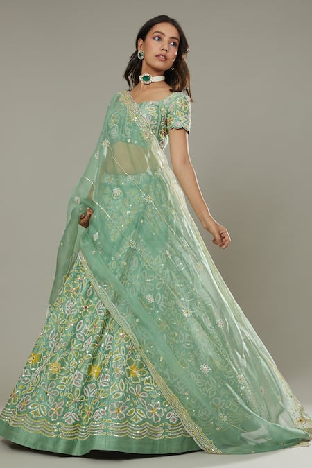 Buy_I Am Design_Green Raw , Organza Floral Apple Candy Embroidered Bridal Lehenga Set _Online_at_Aza_Fashions