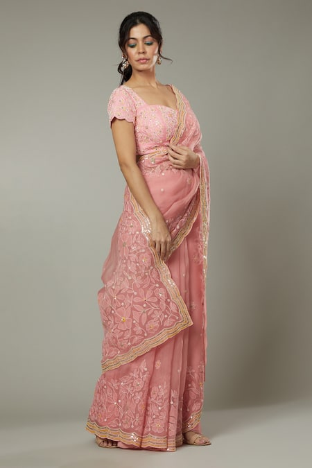 Buy_I Am Design_Pink Raw , Organza Floral Pattern, Candy Floss Embroidered Saree Set _Online_at_Aza_Fashions