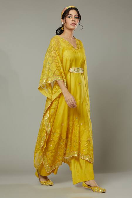 I Am Design_Yellow Silk Organza Floral Appliques, Mango Bite Candy Kaftan And Pant Set _Online_at_Aza_Fashions