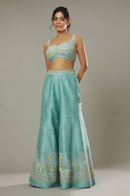 Shop I Am Design Blue Raw , Organza Peppermint Candy Embroidered Palazzo Set With Kaftan Online at Aza Fashions Shop_I Am Design_Blue Raw , Organza Peppermint Candy Embroidered Palazzo Set With Kaftan _Online_at_Aza_Fashions