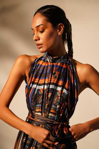 Nikita Mhaisalkar_Blue Cotton Satin Halter Neck Aztec Print Dress With Belt _Online_at_Aza_Fashions