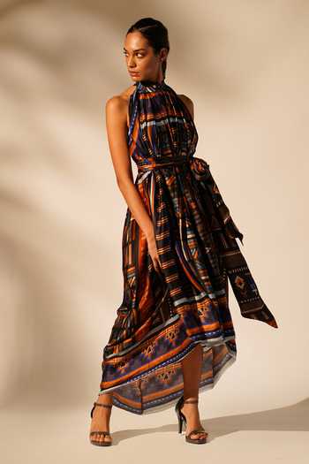 Buy_Nikita Mhaisalkar_Blue Cotton Satin Halter Neck Aztec Print Dress With Belt _Online_at_Aza_Fashions