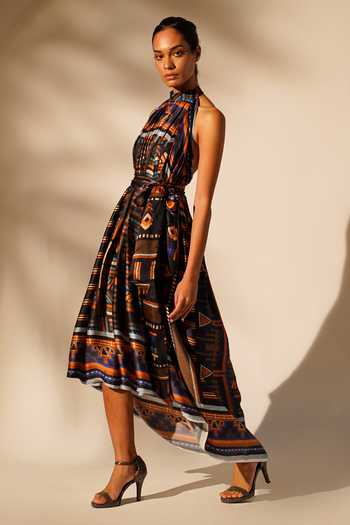 Shop_Nikita Mhaisalkar_Blue Cotton Satin Halter Neck Aztec Print Dress With Belt _Online_at_Aza_Fashions