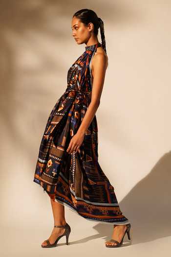 Nikita Mhaisalkar_Blue Cotton Satin Halter Neck Aztec Print Dress With Belt _at_Aza_Fashions