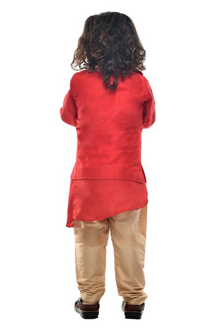 Shop APRICOTKIDS Red Cotton, Silk Embroidery Jacket And Kurta Set at Aza Fashions Shop_APRICOTKIDS_Red Cotton, Silk Embroidery Jacket And Kurta Set _at_Aza_Fashions