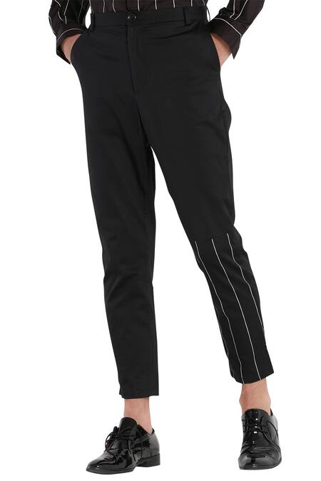 Son Of A Noble Snob_Black Cotton Pattern Stripe Trouser Pant With Detail_Online_at_Aza_Fashions